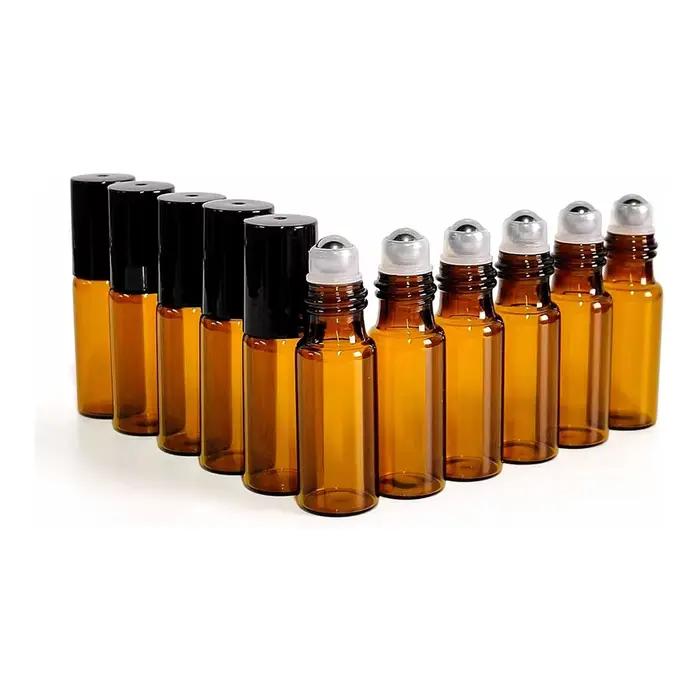 Lot de 10 flacons roll-on en verre ambré de 0,17 oz, rouleaux en acier inoxydable, bouchons noirs, p