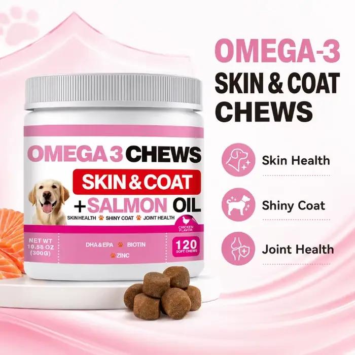 Friandises à mâcher pour chiens à l'huile de saumon Oméga 3 – Soutien Peau et Pelage – Supplément EP