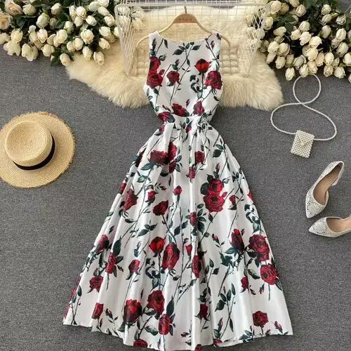 Neploe-Robe Rétro à Imprimé Floral pour Femme, Taille Haute, Ligne A, Style Hepburn, FibrMaxi