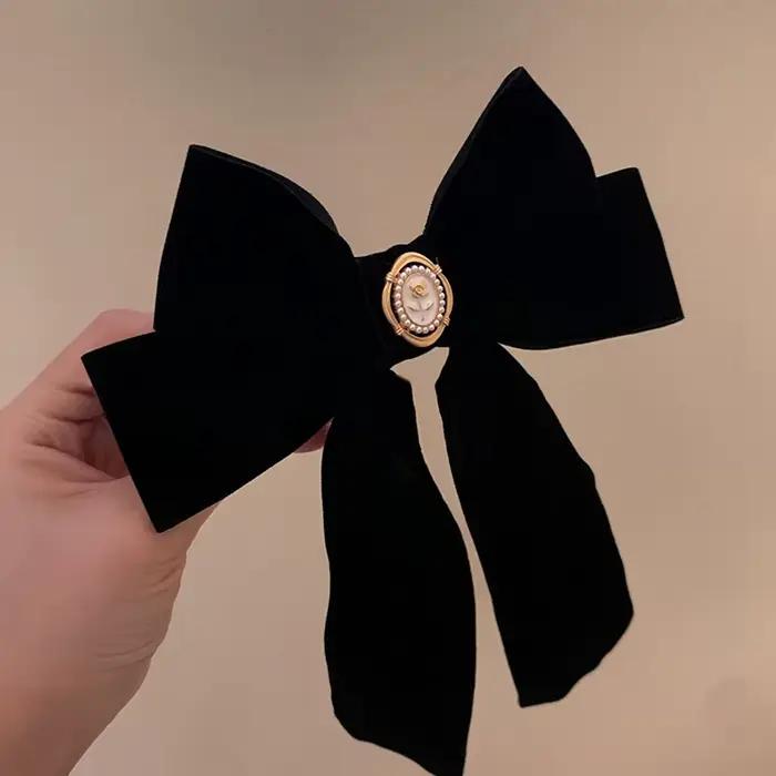 Pince à cheveux avec nœud Rose en velours noir, pour queue de cheval élégante pour femmes, accessoir