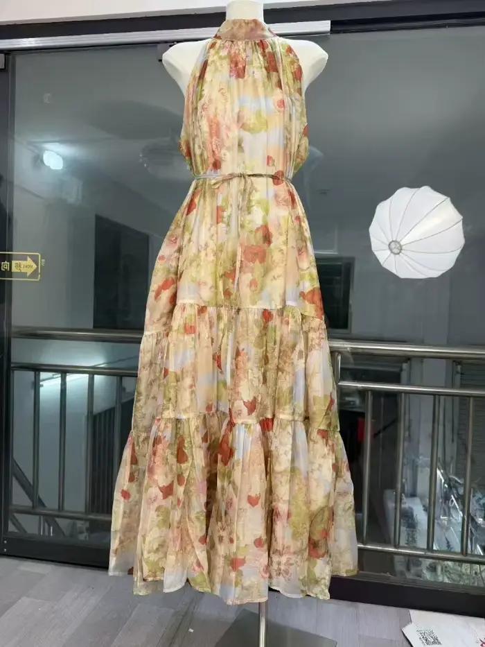 ROKEN EVAN 2025 Robe longue d'été imprimée florale, style artistique de luxe léger, sans manches, im