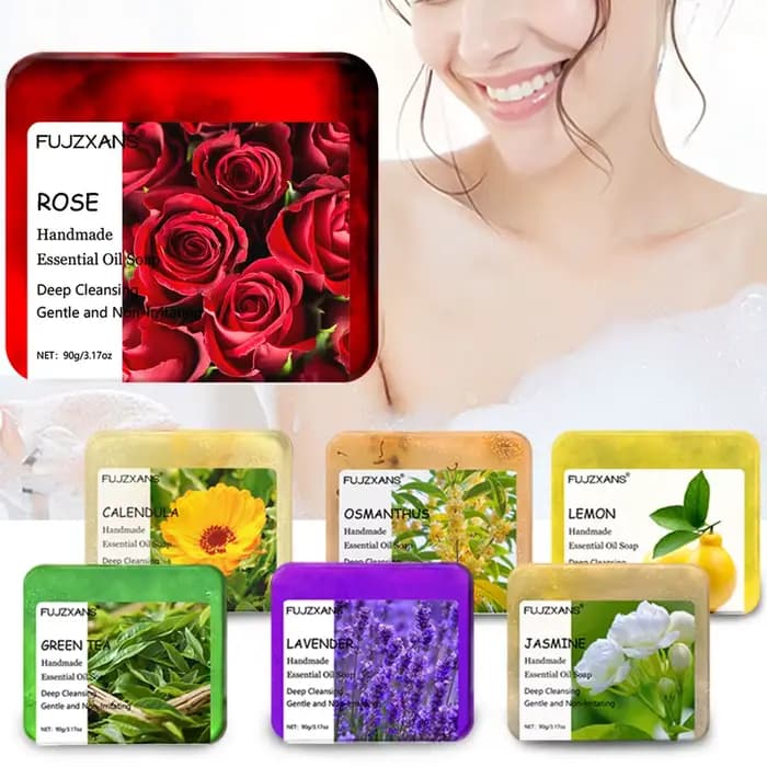 90g FUJZXANS Barres de savon aux huiles essentielles faites à la main - Rose, Jasmin, Thé vert, Calendula, Osmanthus, Lavande, Citron - 7 Longue durée