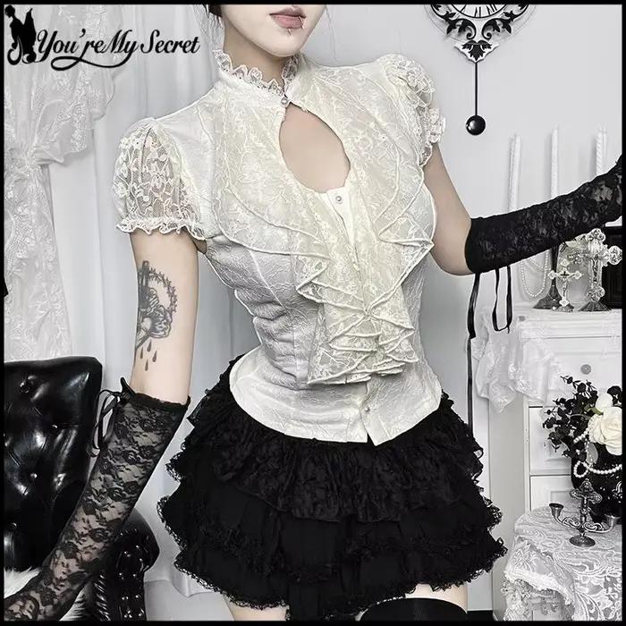 [You're My Secret] Halloween Gothic Lolita Lace Crop Top Women Victorian Gothic Lace Corset Top Y2K French Court Lace Blouse