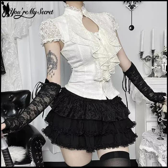 [You're My Secret] Halloween Gothic Lolita Lace Crop Top Women Victorian Gothic Lace Corset Top Y2K French Court Lace Blouse