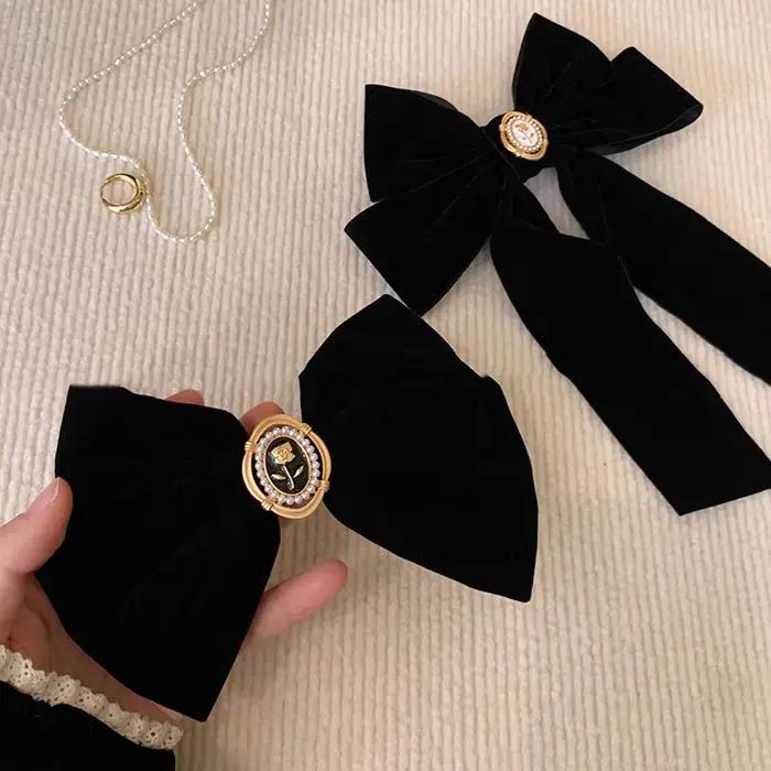 Pince à cheveux avec nœud Rose en velours noir, pour queue de cheval élégante pour femmes, accessoire de cheveux à la mode