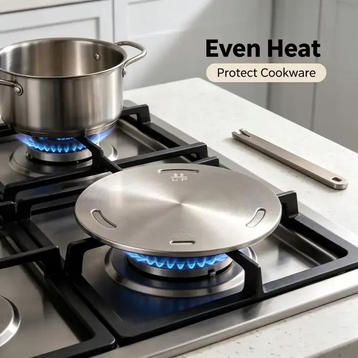 Diffuseur de chaleur portable en acier inoxydable pour cuisinière à gaz - Plaque de conduction thermique avec poignée amovible pour ustensiles de cuisine et induction