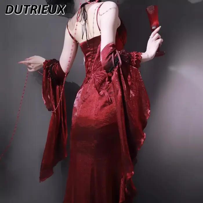 Robe longue asymétrique en queue de poisson, Rose rouge, amincissante, musée d'halloween, Sexy, robes à bretelles et manches