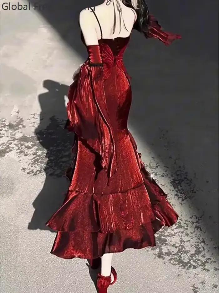 Robe Rose rouge pour femmes, Cosplay, robe sirène Lolita, fête de noël, nouvel an, déesse élégante, robe pour adulte, jupe queue de poisson