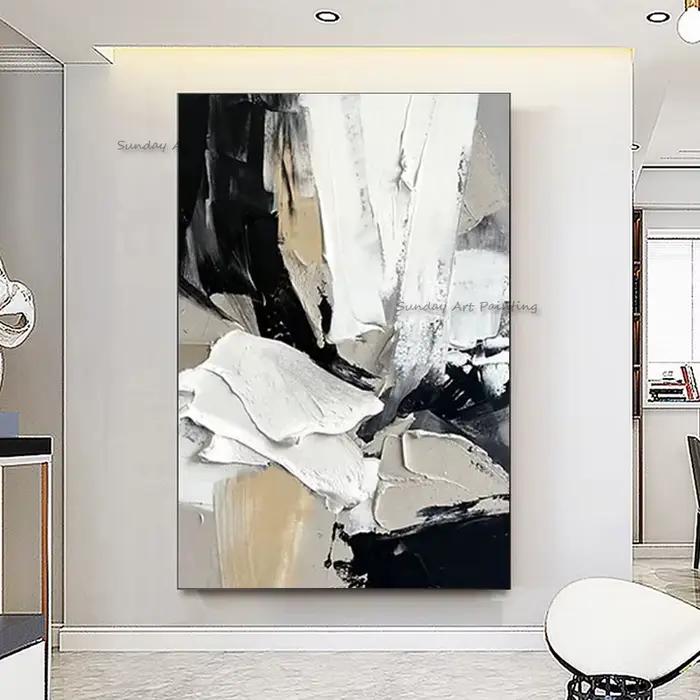 Noir blanc Beige abstrait Simple mur Art décor pour chambre Hall dessiné à la main or noir gris peinture à l'huile Original œuvre décor
