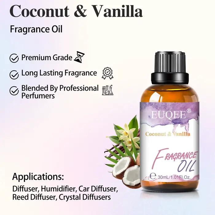 EUQEE 30ml huile parfumée Premium pour diffuseur aromathérapie noix de coco et vanille musc blanc gomme à bulles lilas arôme huiles parfumées