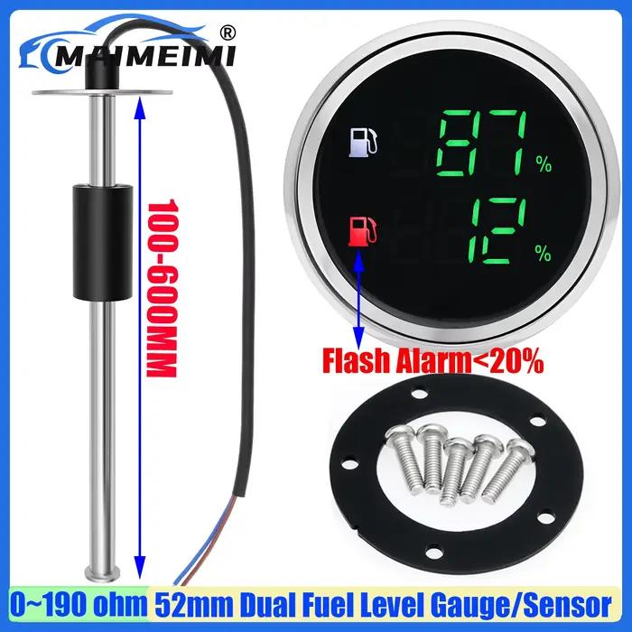 Jauge de niveau de carburant double MAIMEIMI avec alarme lumineuse LED verte numérique 52MM, capteur de niveau de carburant 0-190ohm 100-550MM pour bateau