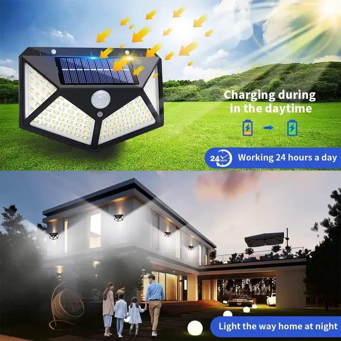 Lampe de sécurité solaire décor de jardin extérieur étanche à énergie solaire 100 LED PIR capteur de mouvement projecteur pour cour et voie, clôture.