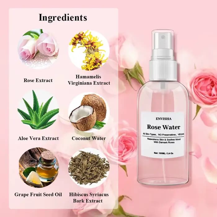 ENVISHA – eau de Rose pour le visage, Toner pour le visage, Essence de pétales de Rose organiques, sérum hydratant, rafraîchit, élastique, rétrécit les Pores, soins pour la peau
