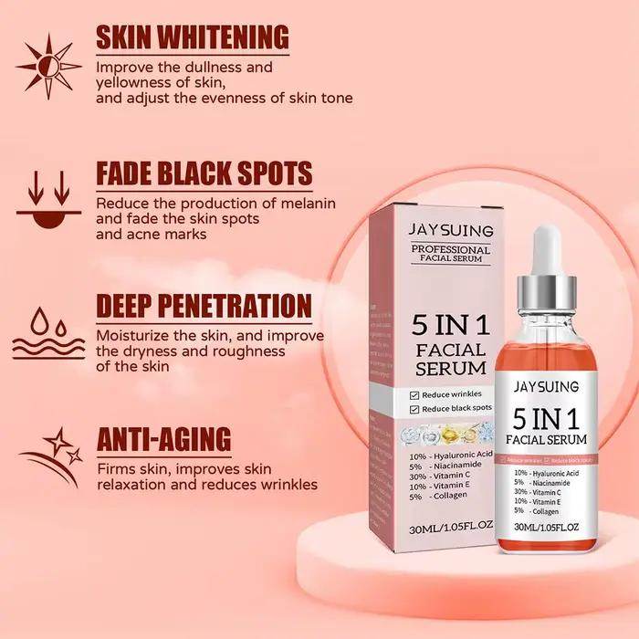 Sérum visage 5 en 1, hydratant, blanchissant, anti-déformable, anti-âge, vitamine C et acide hyaluronique pour réduire les pores, 30ml