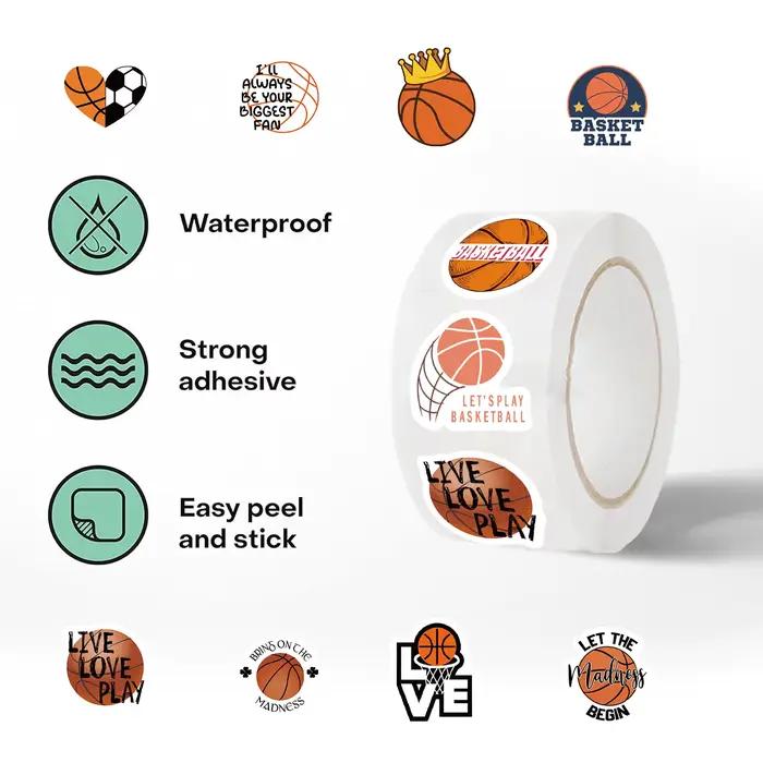 Autocollants de sport de basket-ball en PVC, décalcomanies pour ordinateur portable, jouet classique, autocollant de décoration bricolage, récompense, jouets cadeaux, 500 pièces par rouleau