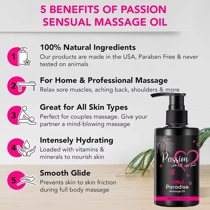 Huile de jojoba Passion sensuelle de 6,76 OZ, huile de massage naturelle pour le corps pour les couples, relaxant, glisse parfaite et peau lisse, paradis Tropical