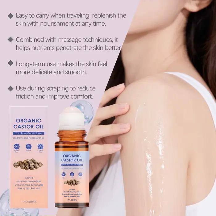 Huile de ricin biologique avec rouleau en quartz rose pour le soin du visage et du corps