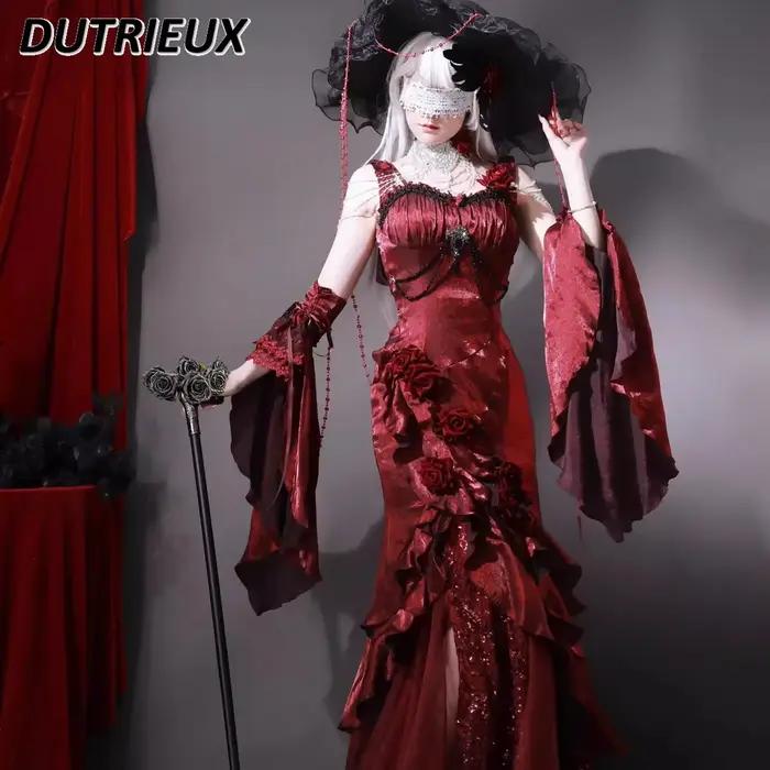 Robe longue asymétrique en queue de poisson, Rose rouge, amincissante, musée d'halloween, Sexy, robes à bretelles et manches