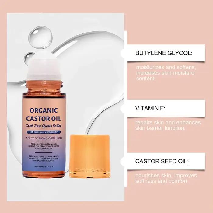 Huile de ricin biologique 50 ml en roll-on avec bille en quartz rose, huile essentielle nourrissante pressée à froid pour le visage et le corps, hydratation intense