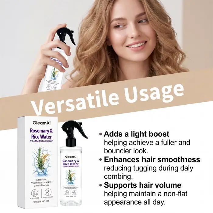 Spray capillaire à la rose et à l'eau de riz, formulé avec des extraits 100 % naturels, formule légère et non grasse pour des cheveux plus doux et lisses.
