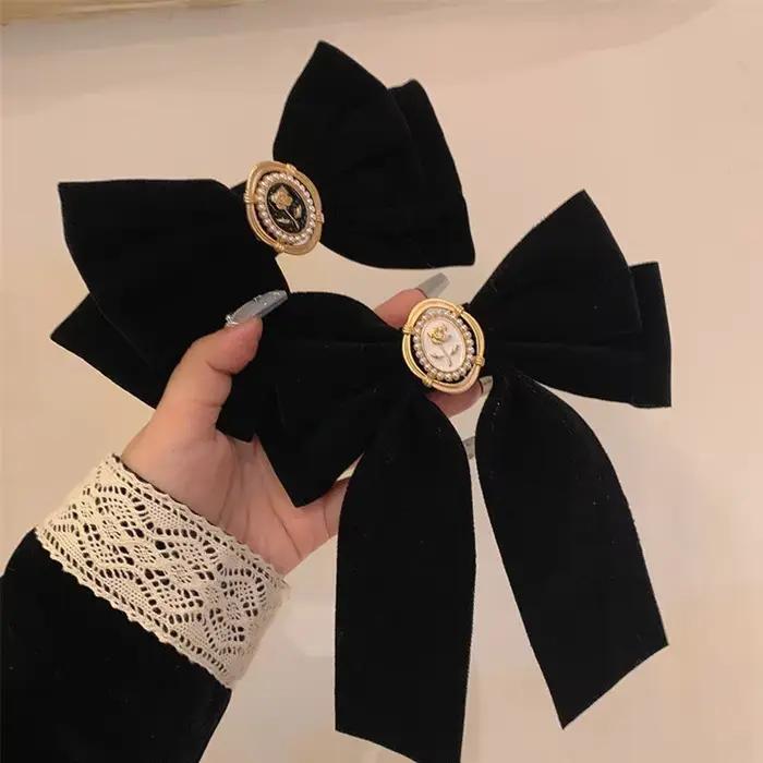 Pince à cheveux avec nœud Rose en velours noir, pour queue de cheval élégante pour femmes, accessoire de cheveux à la mode