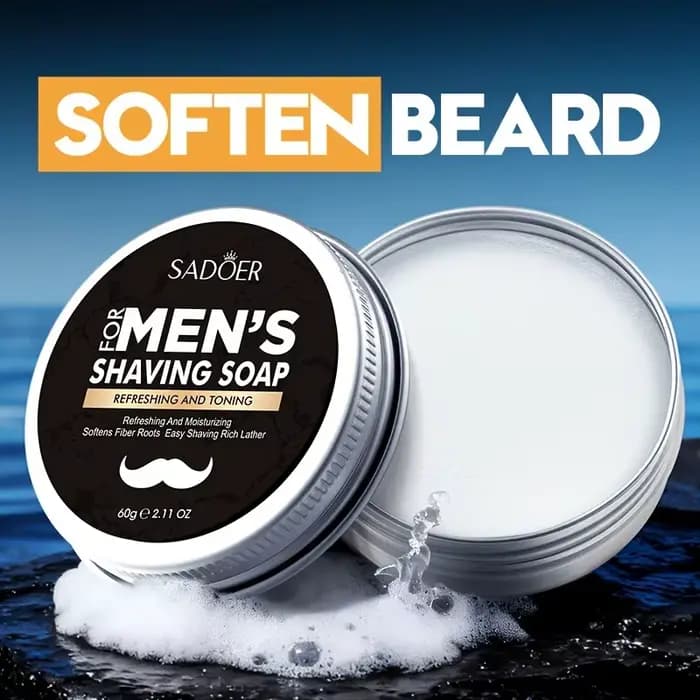 Savon à raser pour homme, contenant de l'extrait de menthe et de l'huile de fruit d'olive. La mousse est épaisse et fine, ce qui facilite l'adoucissement de la base de la barbe, réduisant la résistanc