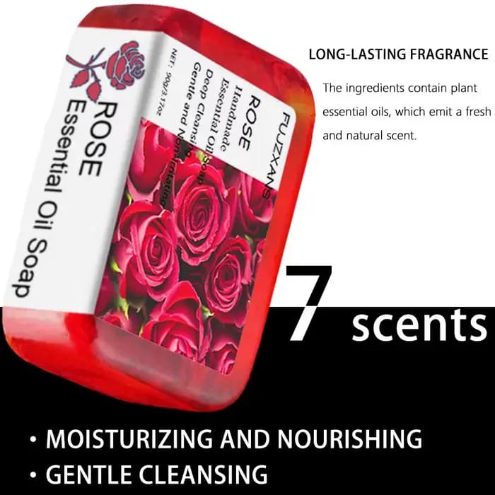 90g FUJZXANS Barres de savon aux huiles essentielles faites à la main - Rose, Jasmin, Thé vert, Calendula, Osmanthus, Lavande, Citron - 7 Longue durée