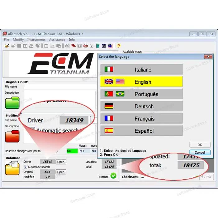 Logiciel de réparation de voiture ECM Titanium 1.61 avec plus de 26000 pilotes, lecture multilingue, décharge, ECU VO, lien avec plus de 18349 pilotes