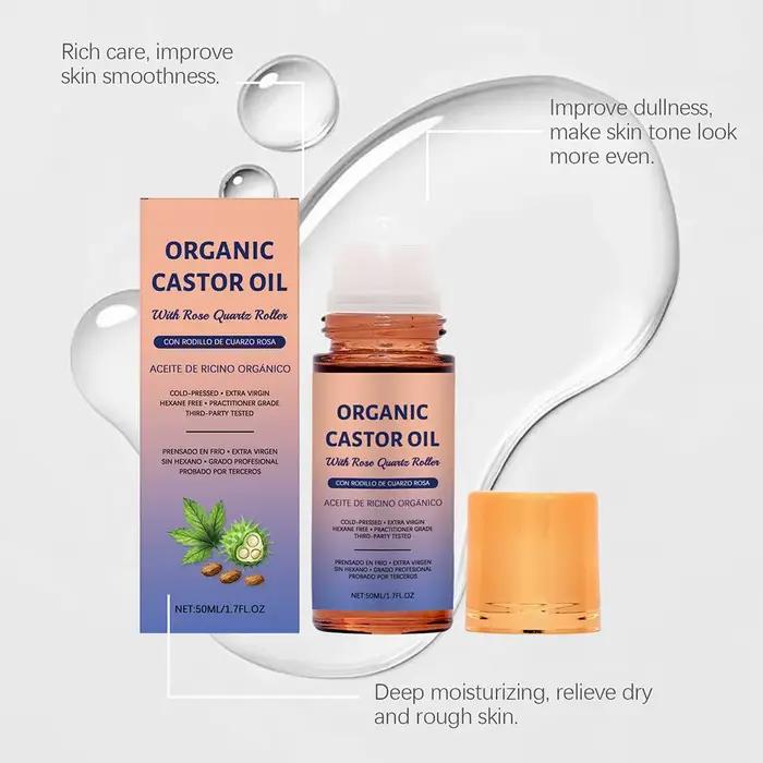 Huile de ricin biologique 50 ml avec applicateur à bille en quartz rose