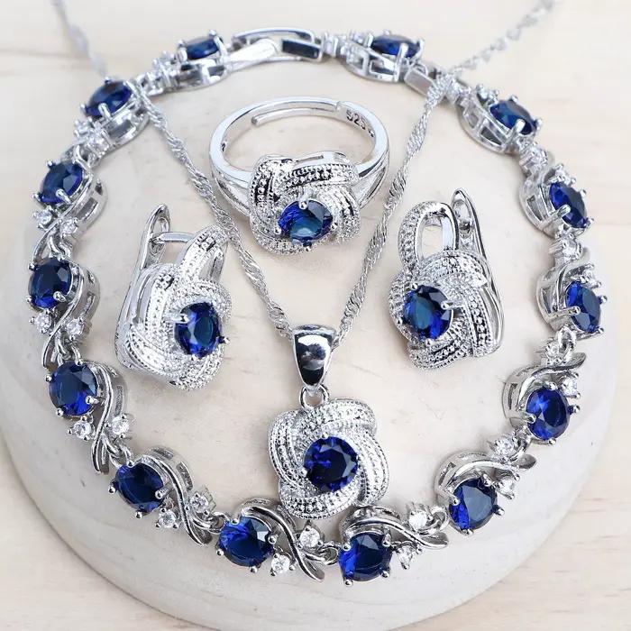 Ensembles de bijoux en zircon bleu pour femmes, en argent Sterling 925, Costume de mariage, bijoux, boucles d'oreilles, bagues, Bracelets, pendentif, collier