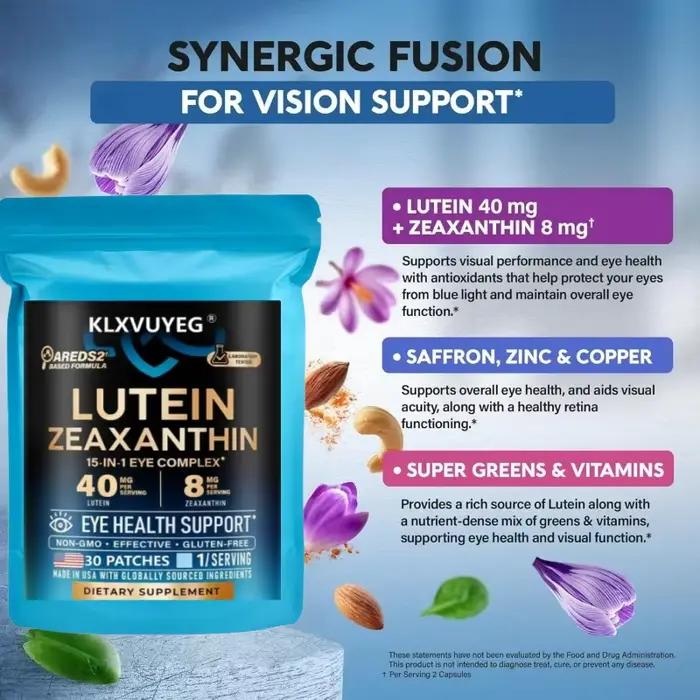 Vitamines pour les yeux - Lutéine 40 mg & Zeaxanthine 8 mg - Soutien à la santé oculaire et à la vision - Safran, Zinc, Vitamines, Cuivre - 30 patchs/sachet