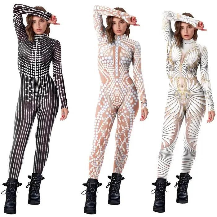 [You're My Secret] Combinaison moulante imprimée 3D à motifs dentelle et paillettes, tenue de carnaval, cosplay, déguisement fantaisie, catsuit femme