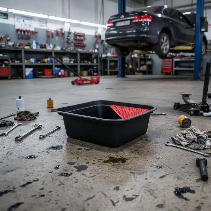 Bac de vidange d'huile robuste pour véhicules de chantier, idéal pour les mécaniciens et les bricoleurs