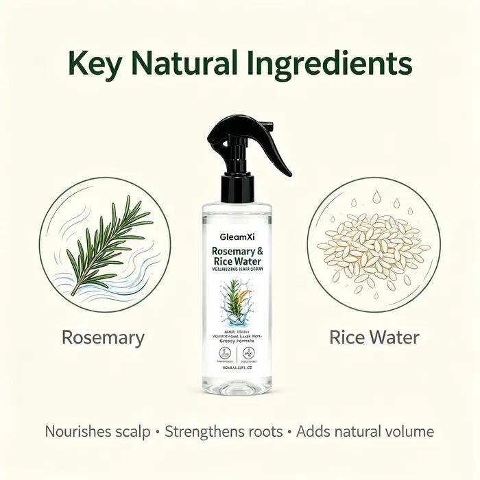 Spray capillaire à la rose et à l'eau de riz, formulé avec des extraits 100 % naturels, formule légère et non grasse pour des cheveux plus doux et lisses.