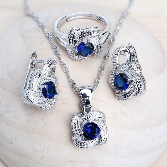 Ensembles de bijoux en zircon bleu pour femmes, en argent Sterling 925, Costume de mariage, bijoux, boucles d'oreilles, bagues, Bracelets, pendentif, collier