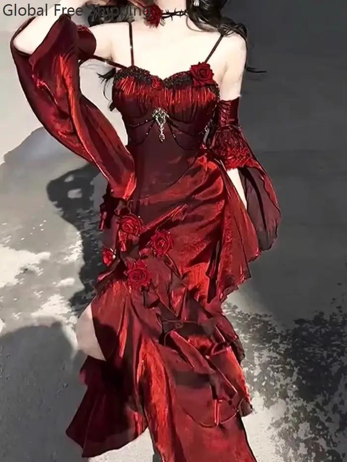 Robe Rose rouge pour femmes, Cosplay, robe sirène Lolita, fête de noël, nouvel an, déesse élégante, robe pour adulte, jupe queue de poisson