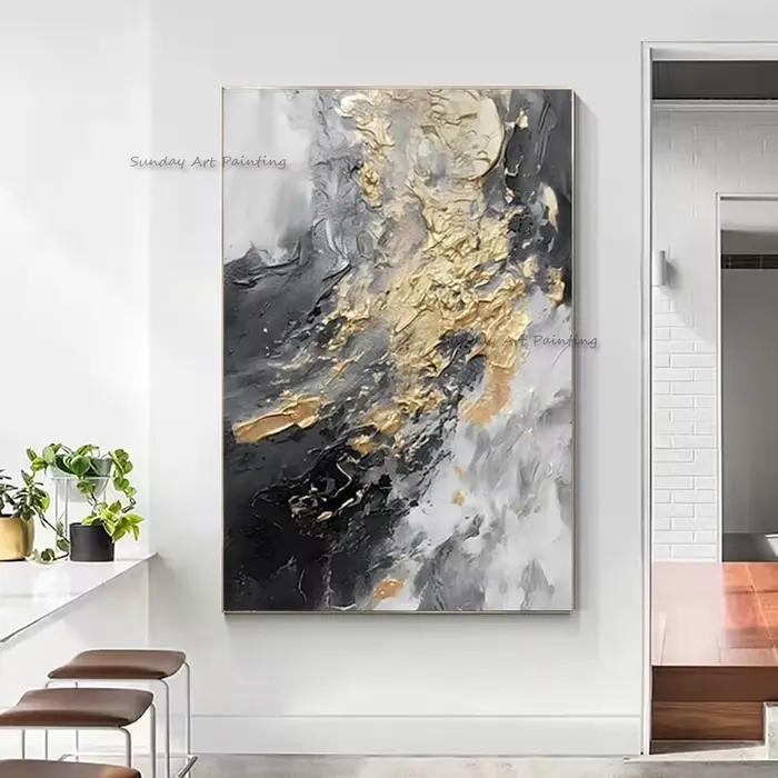 Noir blanc Beige abstrait Simple mur Art décor pour chambre Hall dessiné à la main or noir gris peinture à l'huile Original œuvre décor
