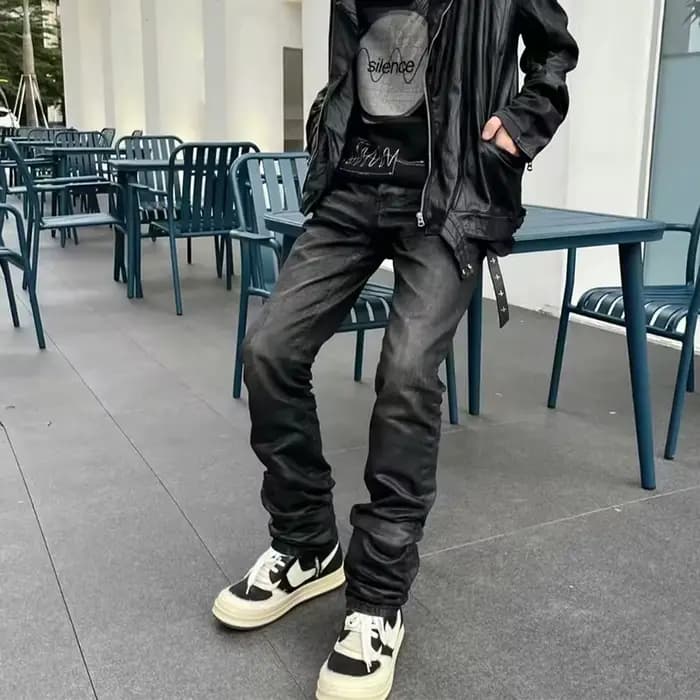 Owen Seak hommes huile cire jean classique Denim hommes vêtements enduit droit pantalon décontracté haute rue concepteur de luxe pantalon