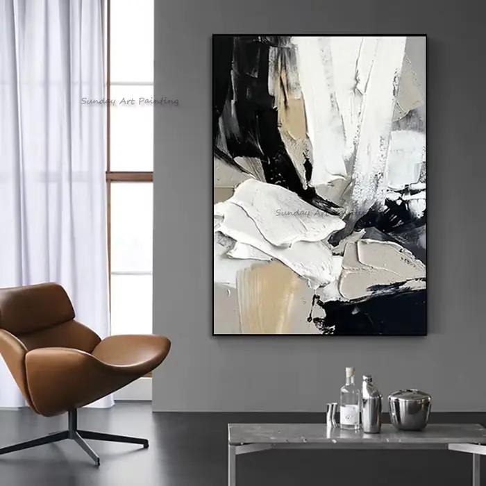 Noir blanc Beige abstrait Simple mur Art décor pour chambre Hall dessiné à la main or noir gris peinture à l'huile Original œuvre décor
