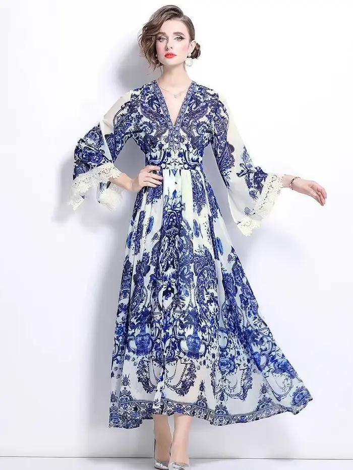 Robe Longue en Porcelaine Bleue et Blanche pour Femme, Sexy, Col en V, Dentelle, Épissure, Mousseline de Soie, Manches Évasées, Vacances, Boho, Éducatif, 2025