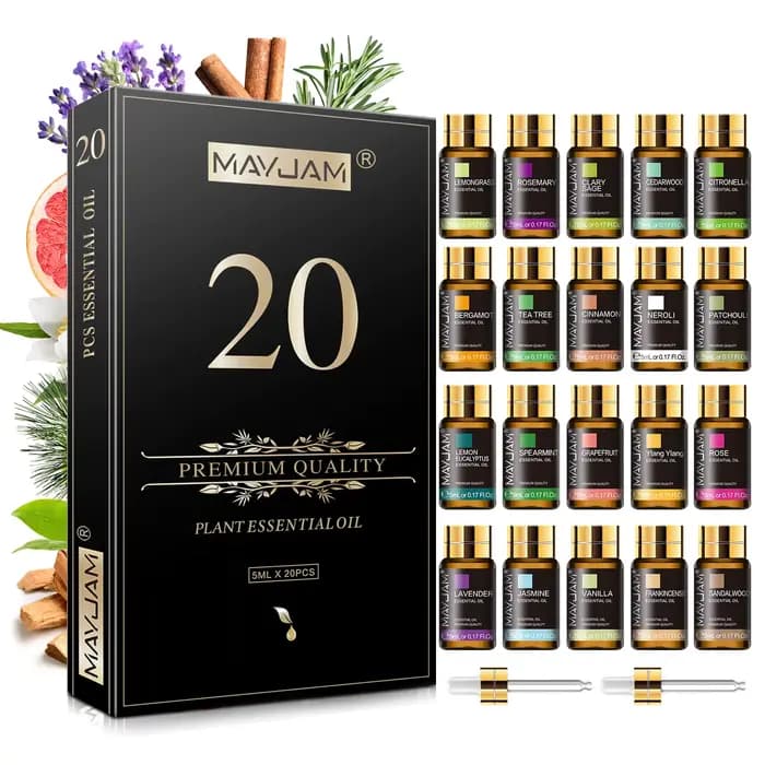 Kit d'huiles essentielles MAYJAM Lavande Vanille 20 flacons Huile d'aromathérapie Encens Patchouli Citronnelle Bois de Cèdre Cannelle Rose