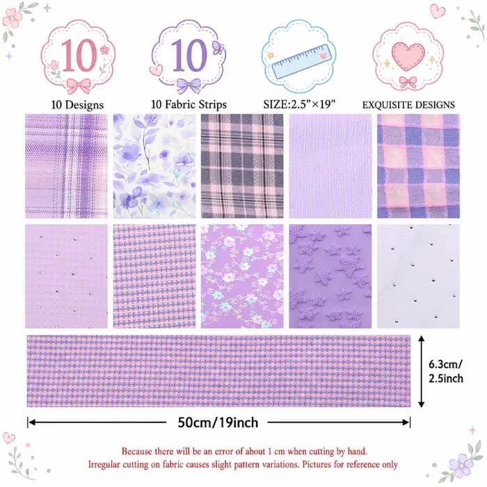 10 rouleaux de tissu violet conçus pour les bandes de tissu de style Jelly Roll, chaque rouleau mesure 2,5 pouces, carrés de quilting prédécoupés.