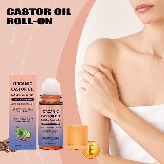 Huile de ricin biologique 50 ml en roll-on avec bille en quartz rose, huile essentielle nourrissante pressée à froid pour le visage et le corps, hydratation intense