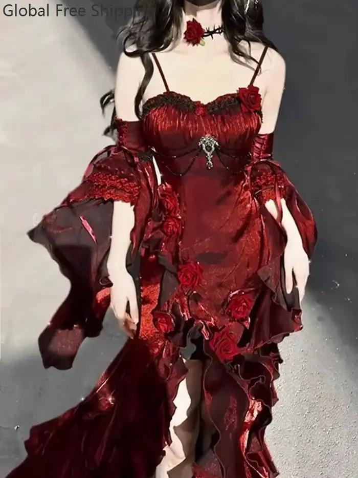 Robe Rose rouge pour femmes, Cosplay, robe sirène Lolita, fête de noël, nouvel an, déesse élégante, robe pour adulte, jupe queue de poisson