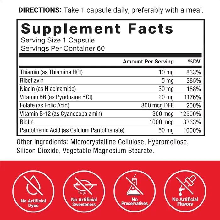 Complexe de vitamines B, contenant des vitamines B1, B2, B3, B12, etc., végétarien, non OGM, 60 capsules de légumes