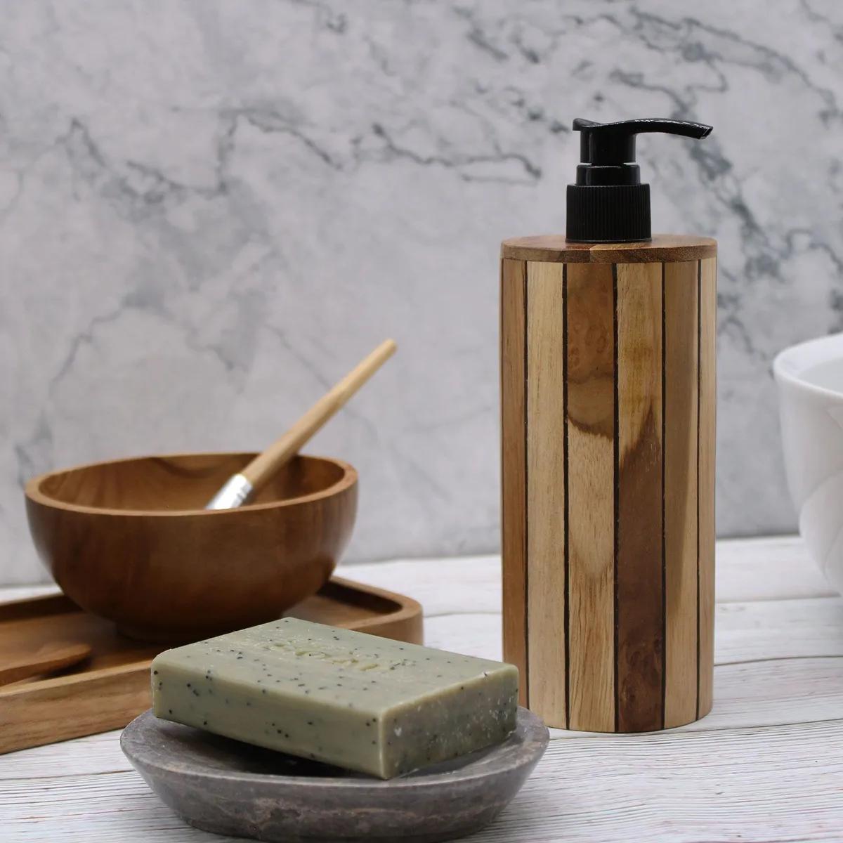 Natural Teakwood Soap Dispencer - Round
