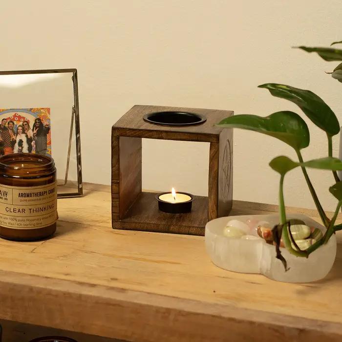 Large Square Mango Wood Oil Burner  - Tree of Life