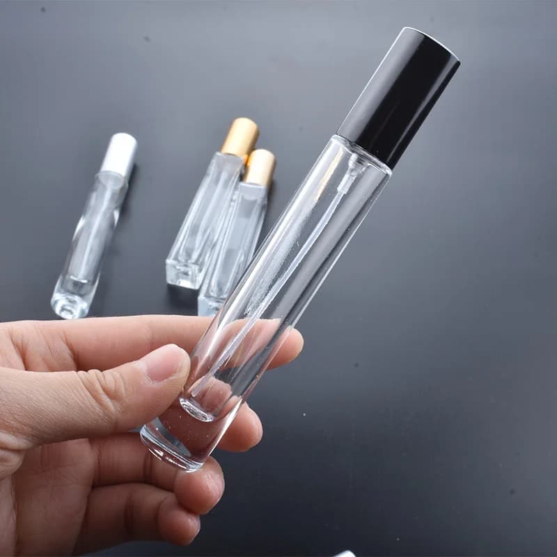 Flacons d'huile essentielle en verre transparent pour les yeux, flacons à bille roulante en métal, b