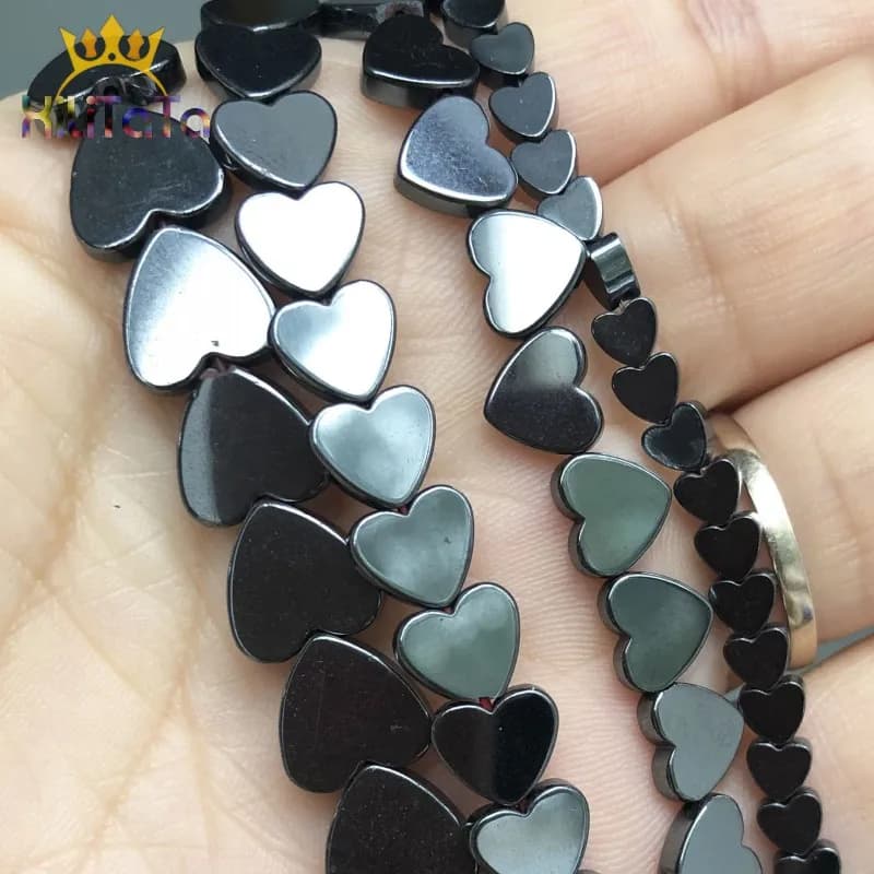 Perles naturelles en pierre d'hématite en forme de cœur d'amour noir, perles d'espacement amples pou