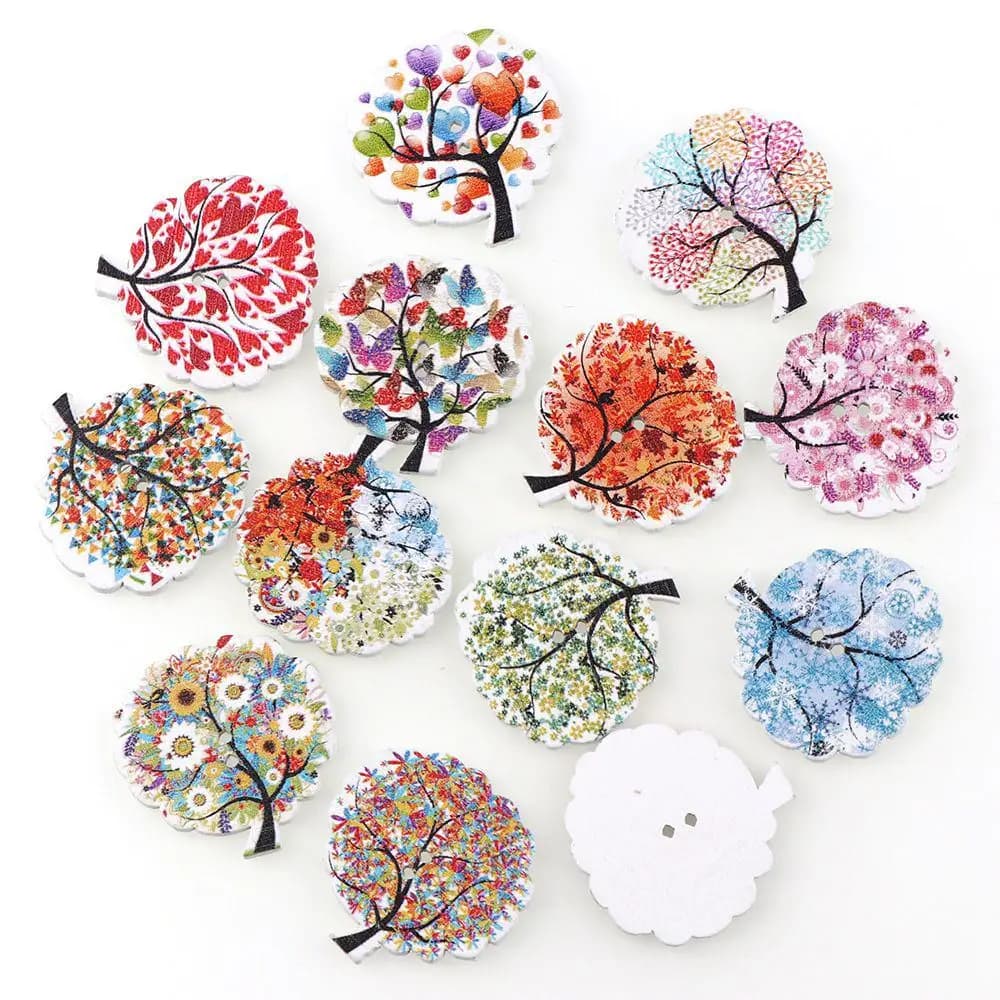 Boutons décoratifs en bois arbre vert coloré, 2 trous, série 30 pièces, boutons en bois, couture, Sc